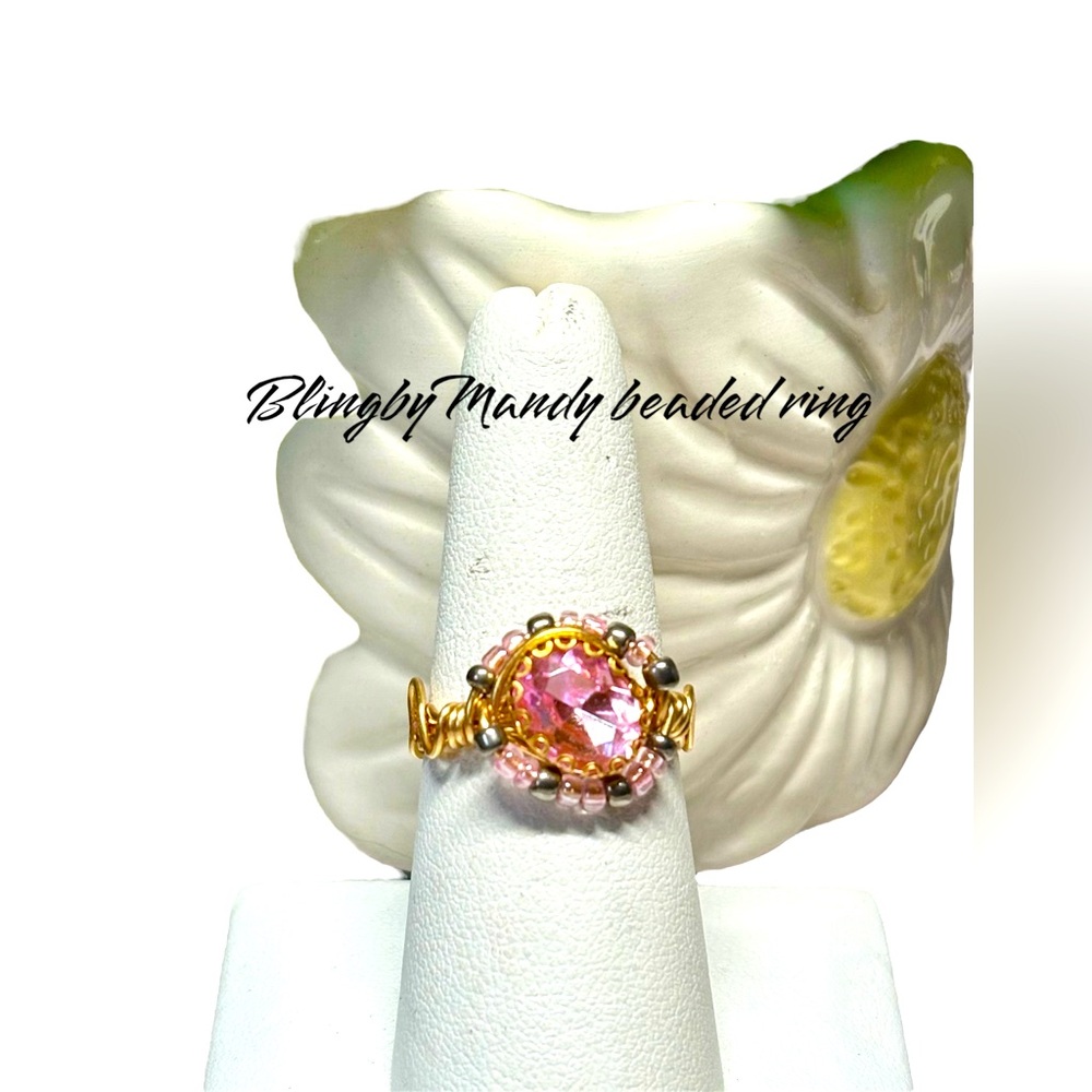 Gold pink and grey Beaded Ring